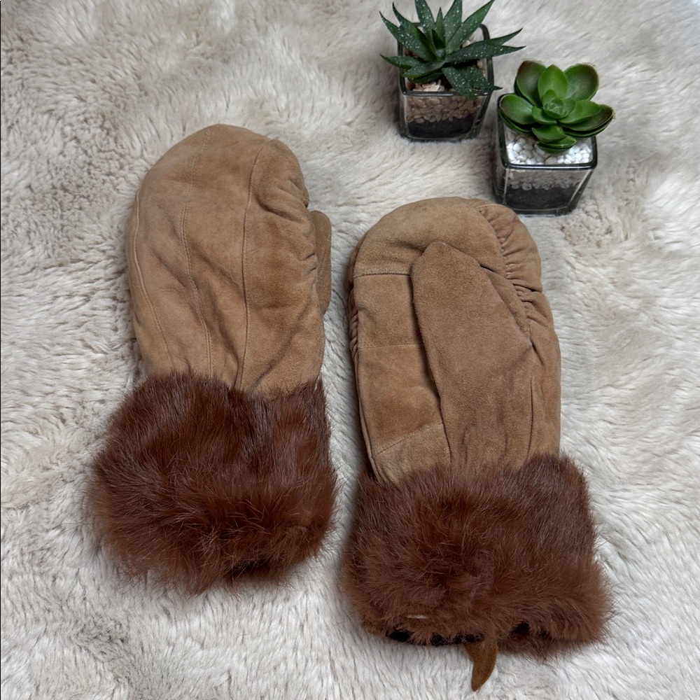Jacob Ash Holdings Leather Mittens Faux Fur Detail Women's Medium Lined